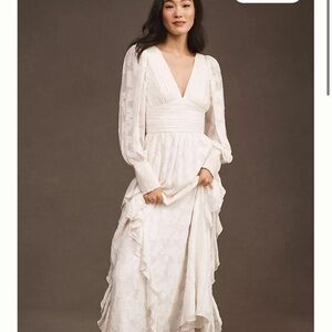 BHLDN Donna Long-Sleeve V-Neck Ruffled Maxi Dress